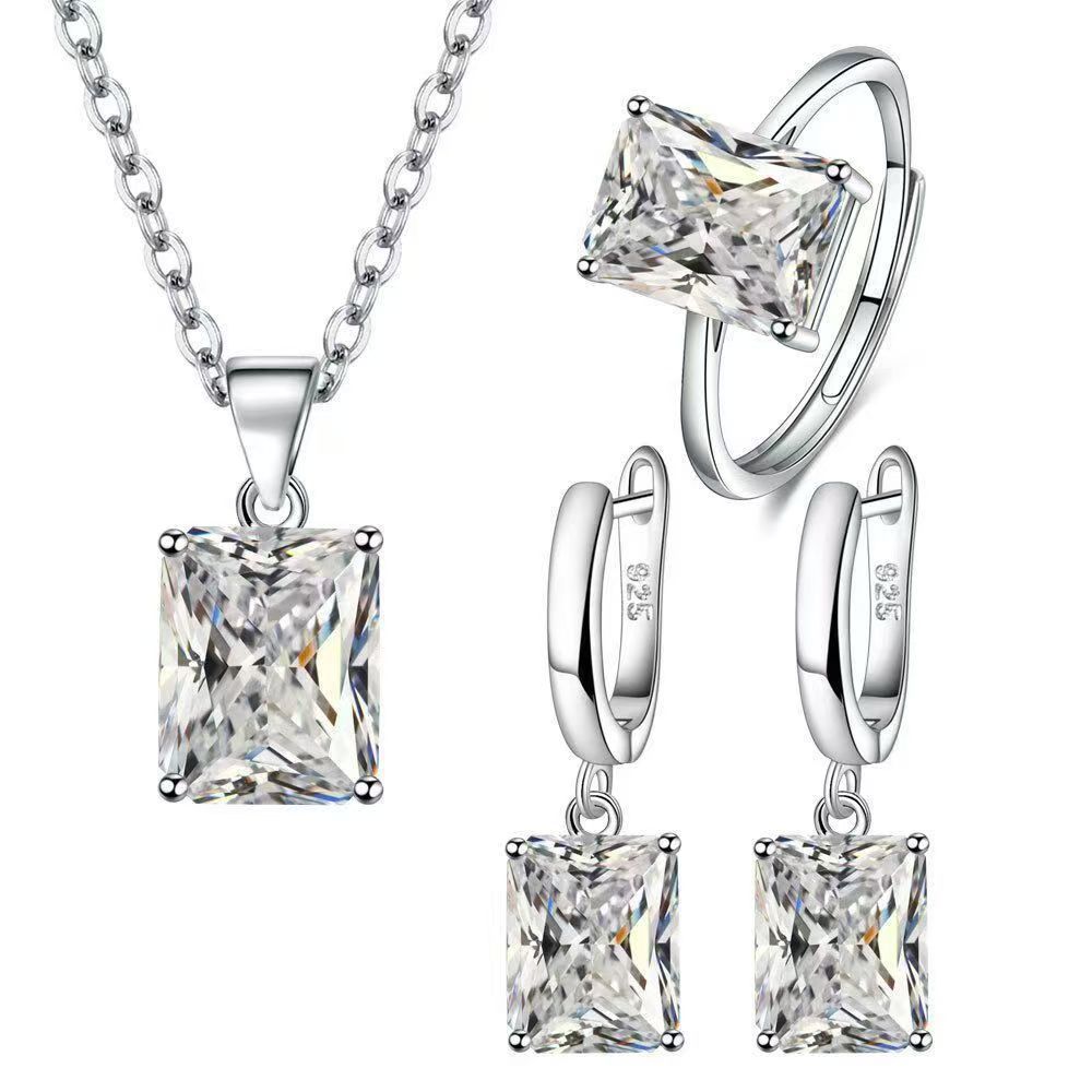 Love Zircon Ear Buckle Women's Ring Heart Pendant Necklace Three-piece Set