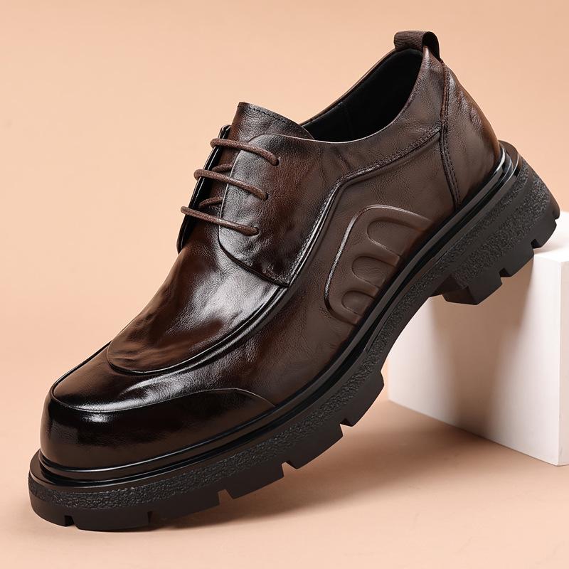 Верхний слой коровьей кожи Высококачественная повседневная мужская обувь Натуральная кожа Деловая формальная кожаная обувь Легкая роскошь Толстая подошва Мужские туфли с большим носком
