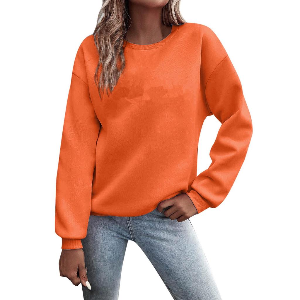 Women's European and American Loose Fit Round Neck Solid Sweatshirt - Autumn/Winter Plus Velvet Long Sleeve Casual Sports Top