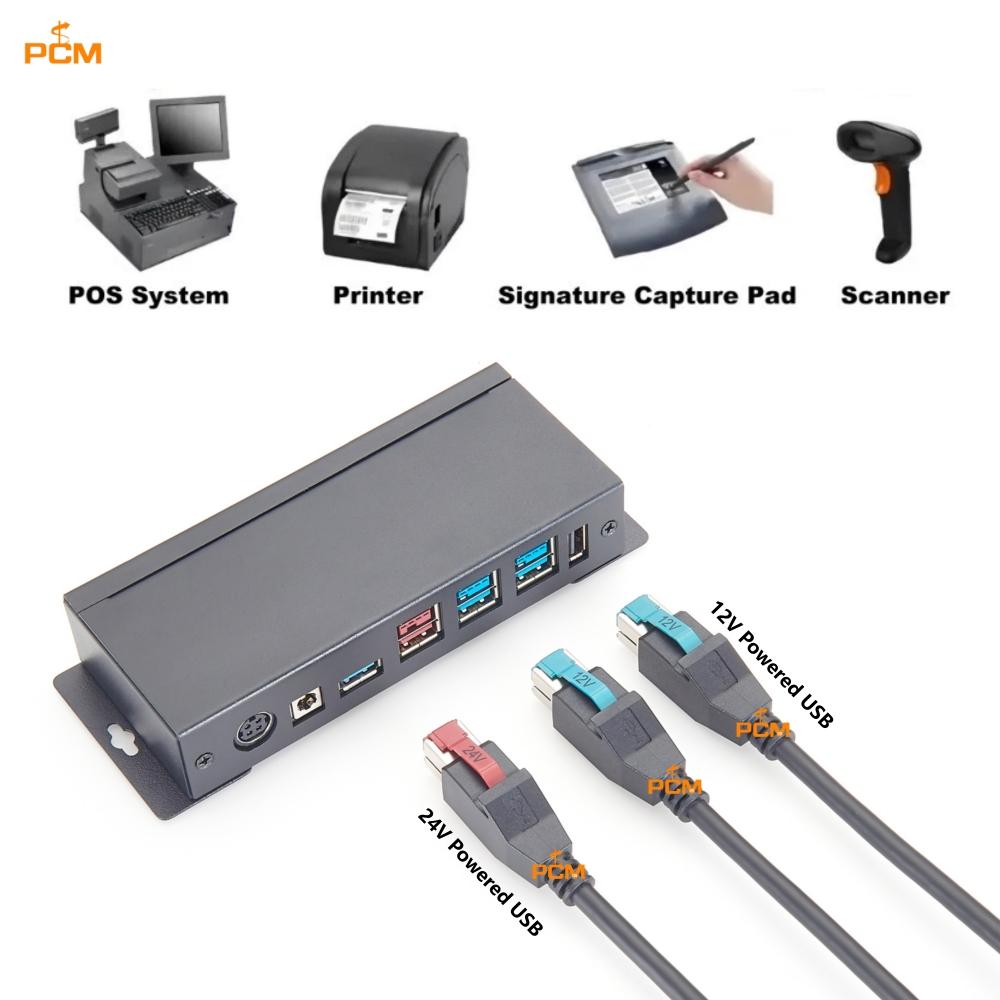 24V Powered USB to USB-C Hosiden-M Din 3 Pin Power Cable for POS Printer Scanner Mice Keyboard Industrial PoweredUSB Hub Card