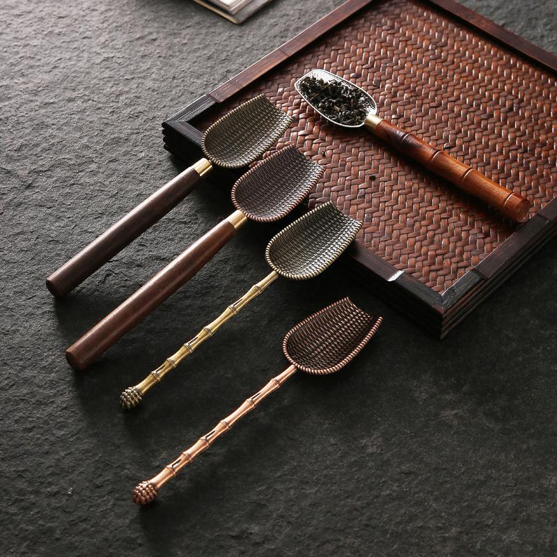 Kung Fu tea, copper alloy tea, tea dial, tea ceremony six gentlemen solid wood, tea tool teaspoon, tea shovel teaspoon
