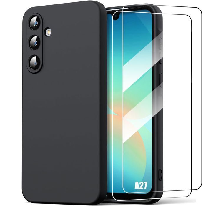 Coque pour Samsung Galaxy A27 5G, Silicone Liquide Ultra Slim Souple Mat Noir - 2 Verres Trempés