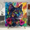 Cute Cartoon Cat Shower Curtain - Watercolor Painting Style, Fun Cat & Flowers, Modern Leisure Design,  12 Hooks