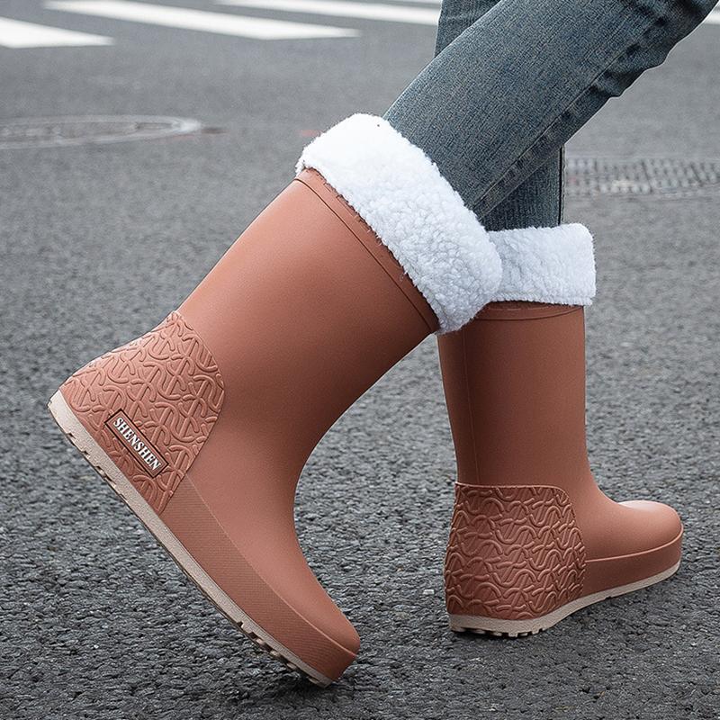 Women's Mid-tube Rain Boots Rubber Boots Warm Overshoes Waterproof Outdoor Non-slip Wear-resistant Fashion All-match Rain Boots