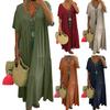 Women Summer Cotton Linen Maxi Dress Loose Short Sleeve V-Neck Flowy Dress Casual Tiered Beach Swing Dress
