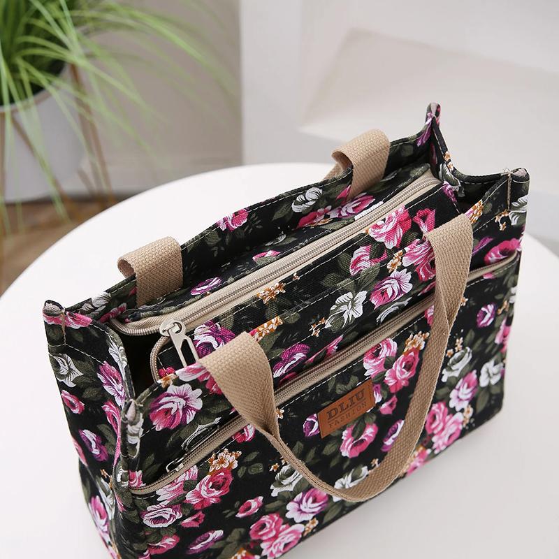 Fashion Floral Print Tote Bag Portable Canvas Lunch Bag Women's Casual Handbag Bento Mommy Shoulder Bag For Picnic Travel AVE