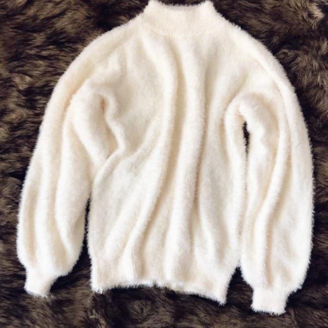 2026 Korean Lantern Sleeve Faux Mink Velvet Loose Knit Pullover Sweater for Women