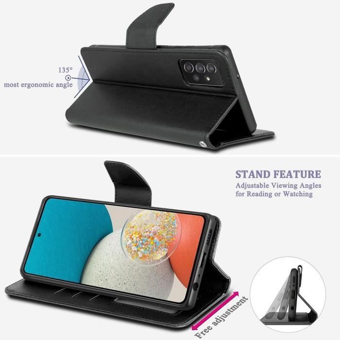Case for Samsung A53 5G (6.5 ") +Lot 2 Tempered Glasses. Black Leather Effect Case Shockproof Reinforced Protection Black