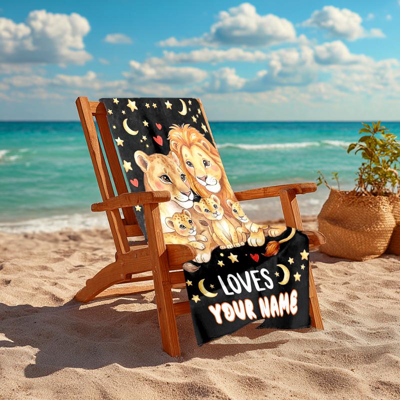 1PC Custom Name Lion Family Night Sky Beach Towel Highly Absorbent And Sand-Resistant Towel for Swimming, Pool, Yoga, And Travel Lightweight