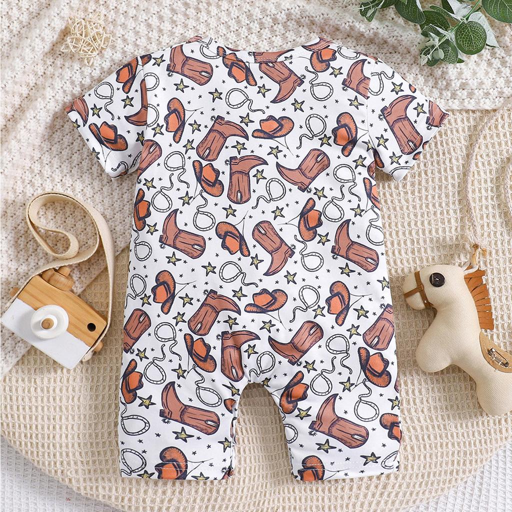 Infant Baby Boy Cute Cowboy Hat Print Short Sleeve Casual Style Jumpsuit