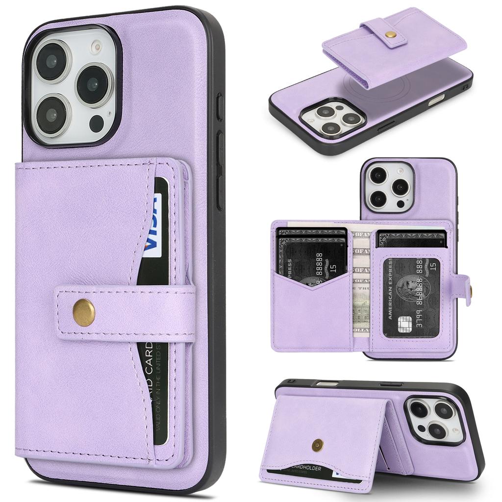 For iPhone 15 Pro Kickstand Case Detachable Card Bag Compatible with MagSafe PU Leather Coated TPU Phone Cover