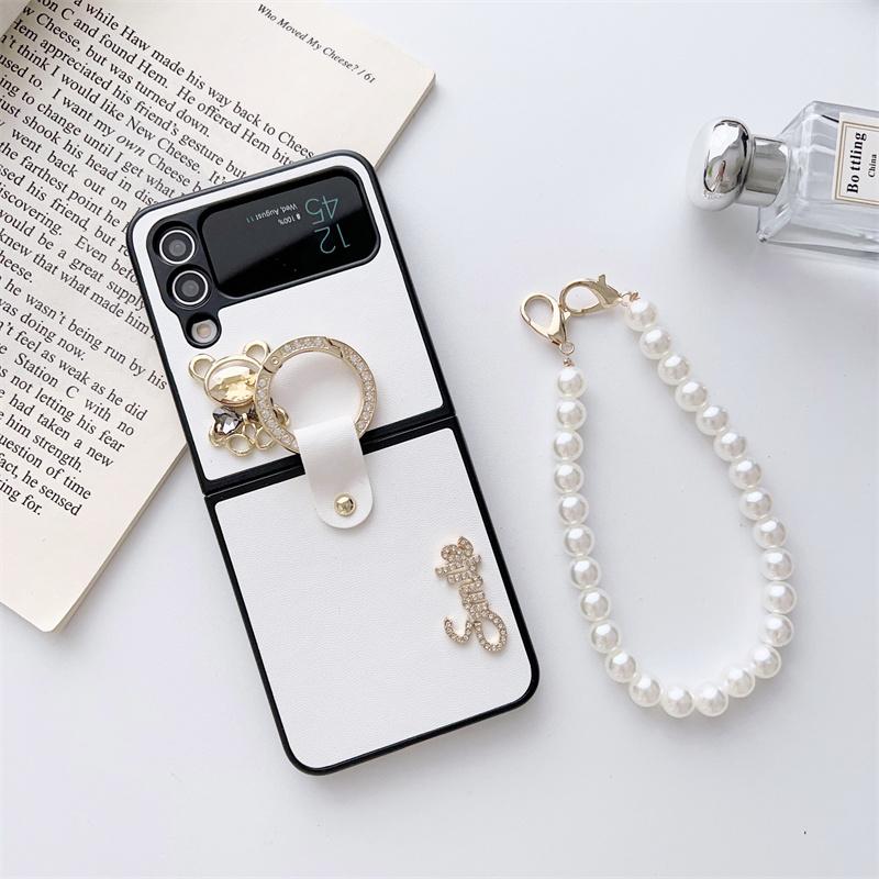 Милый чехол для телефона с кольцом на палец и жемчужной цепочкой для Samsung Galaxy Z Flip 4 3, чехлы с украшениями из мультфильма медведя для Z Flip3 Flip4 5G