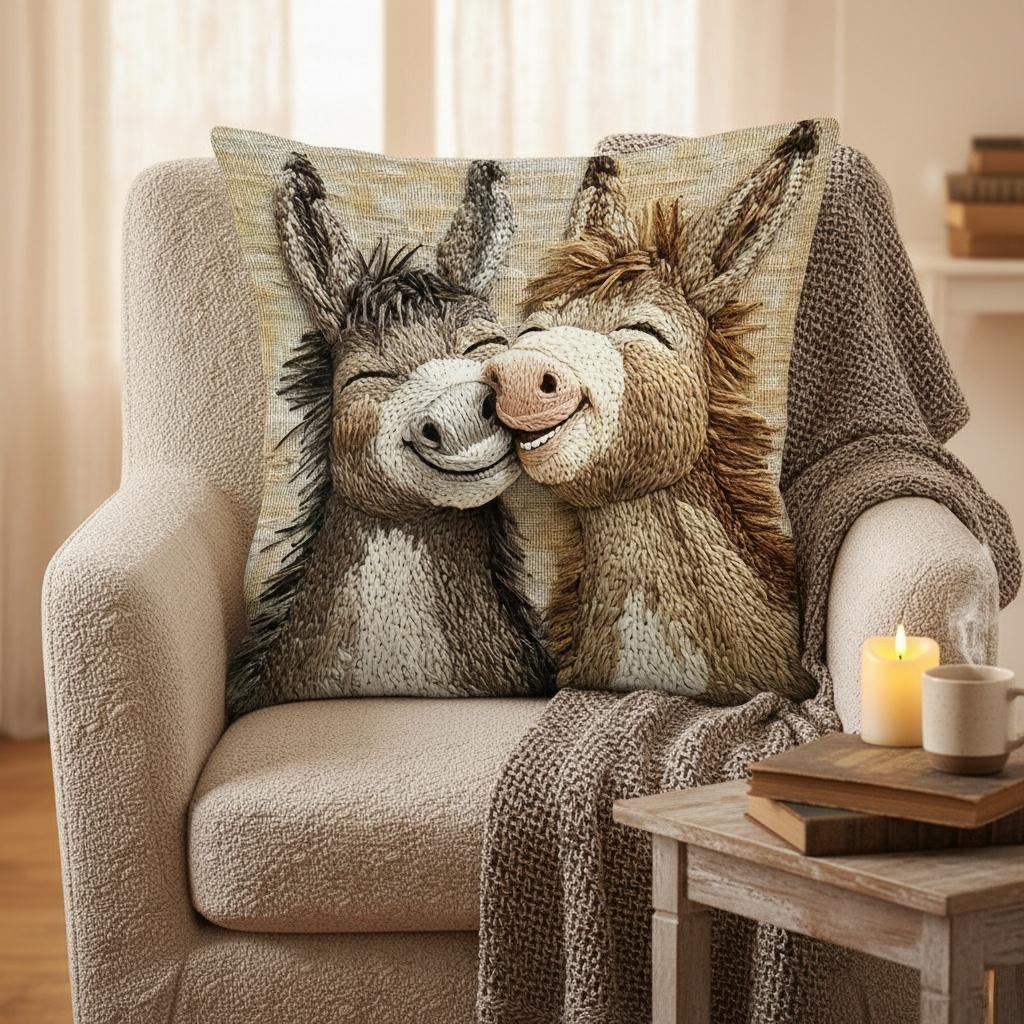 Cute Smiling Donkey Couple Pillow Cover Faux Embroidery Print Soft Cozy For Sofa Bed Living Room Farmhouse Rustic Decor Gifts