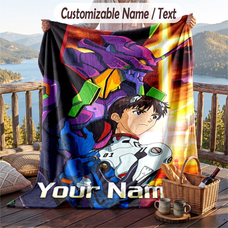 Custom Text Flannel Throw Blanket, Lightweight Cozy Bed Sofa BlanketNeon Genesis Evangelion