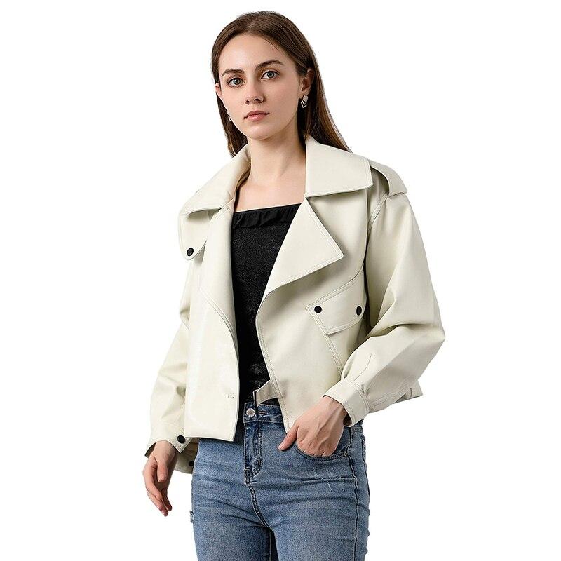 Осенняя короткая куртка из искусственной кожи с отложным воротником, женская мотоциклетная байкерская куртка из искусственной кожи, свободная уличная верхняя одежда в стиле панк