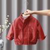 6675 Boys' Red Leather Jacket: 2024 Children's Plush, Thick Winter Festive Stand Collar Jacket