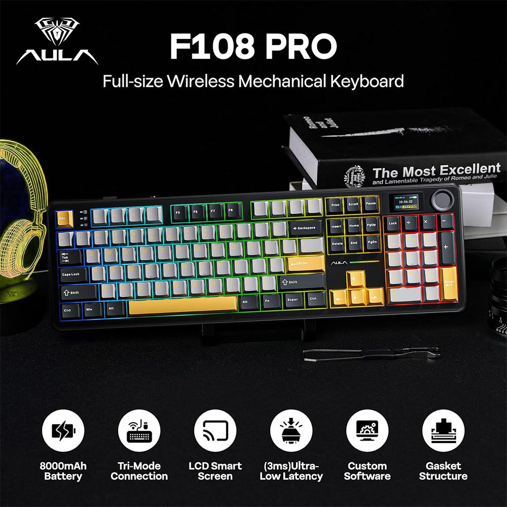 AULA F108 PRO 108 Key Mechanical Keyboard RGB Backlit Hot Swappable PBT Keycap 8000mAh Battery Full Size E-sport Gaming Keyboard