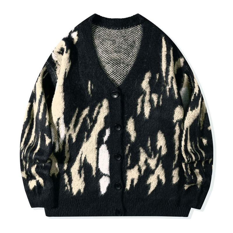 Mens Street Style Knit Cardigan Fall Loose Fit Color Block Sweater Casual Long Sleeve Top Teens