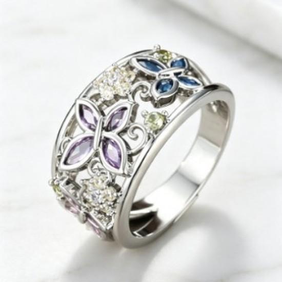 Silver multi-layered iridescent butterfly ring Vintage forest-themed purple, blue, and yellow cubic zirconia wrap ring