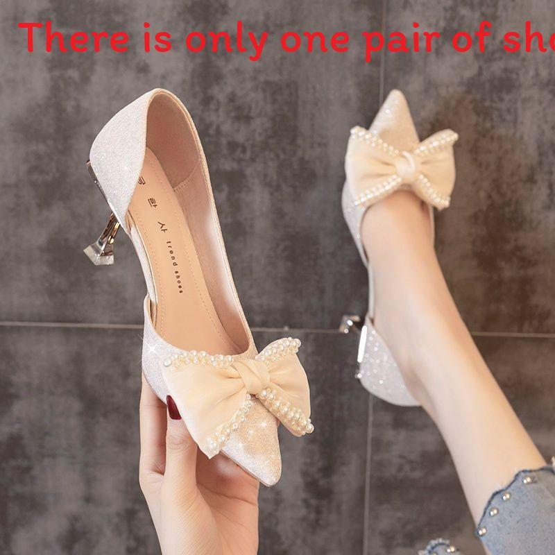 High Heels Women Elegant Pearl Butterfly Knot Pointed Toe Slipon For Daily Wear