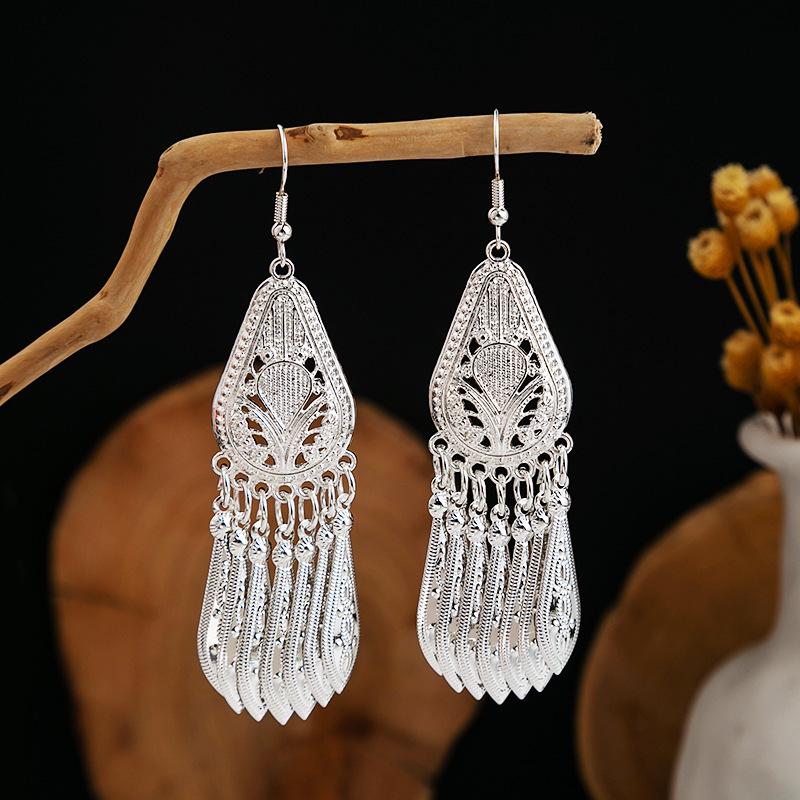 Bohemian Long Leaf Tassel Earrings - Imitation Silver, Miao Ethnic Style