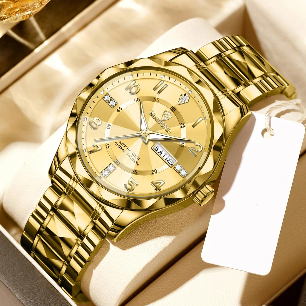 BINBOND Luxury Men Quartz Watch Waterproof Date Week Luminous Wristwatch Stainless Steel Men's Watches Male Clock