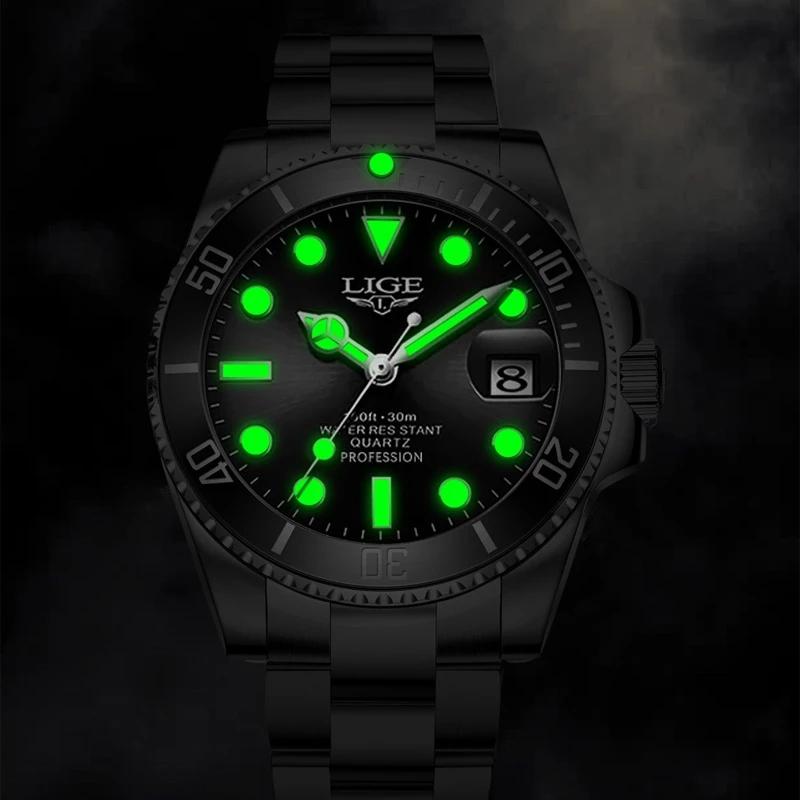 LIGE Fashion Men Watch Top Brand Luxury Stainless Steel Watches Waterproof Luminous Quartz Wristwatch
