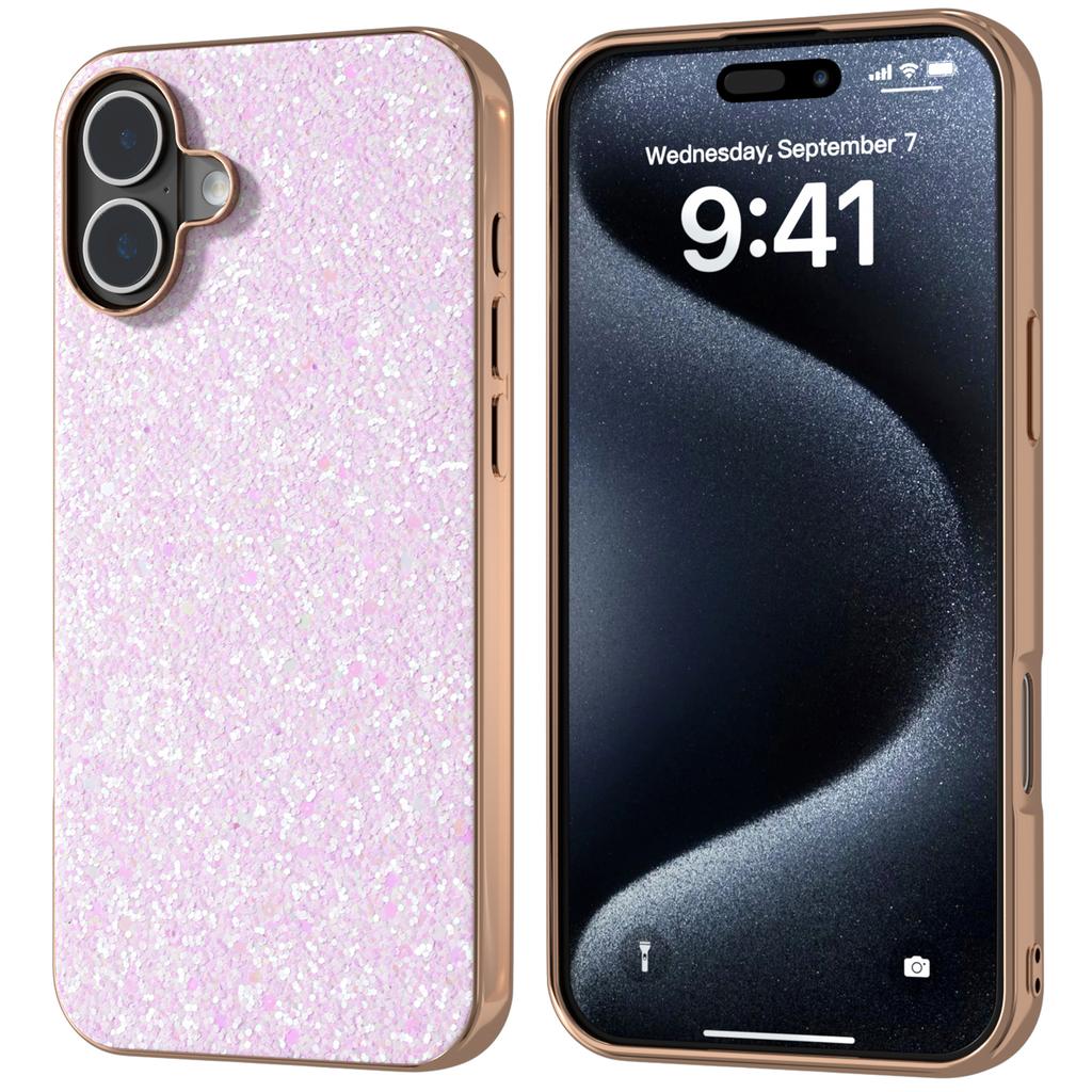 For iPhone 16 Case Electroplating Phone Cover Colored Glitter Design PU+TPU Protective Case - Gardenia White