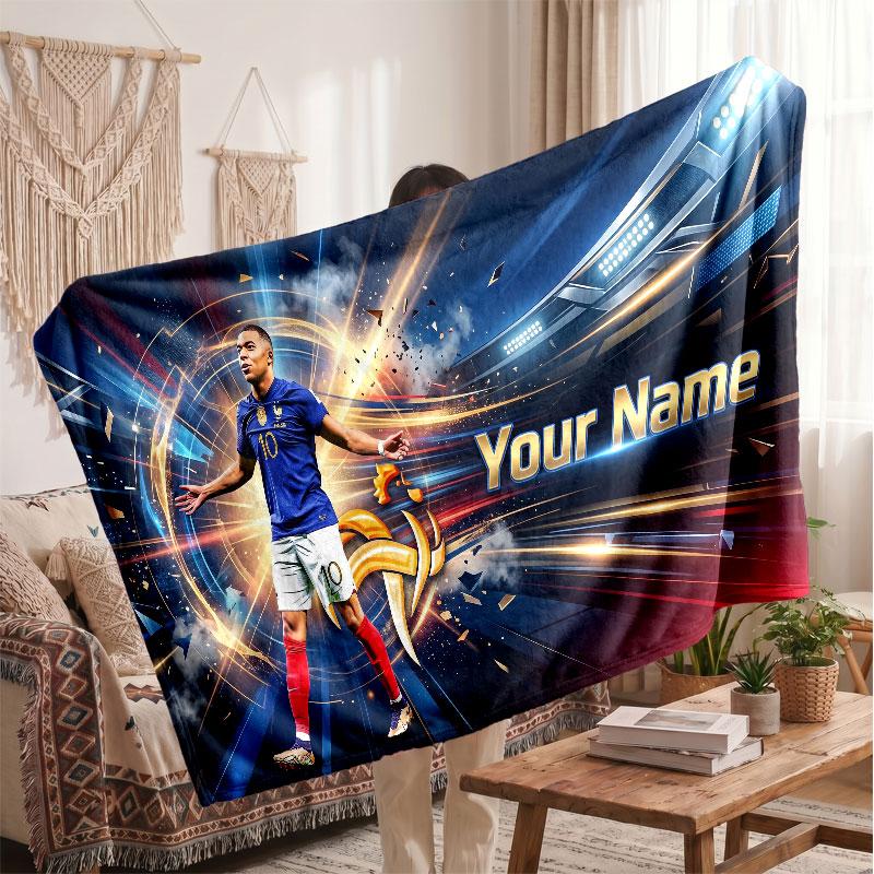 Kylian Mbappe Personalized Fleece Blanket With Football Logo, Custom Name Text Soft Warm Home Throw Blanket