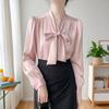 2025 Spring Women's French Style Bow Tie Blouse, Satin Office Shirt with Flowing Ribbon Detail, Sexy Elegant Commute Wear for Business Casual
