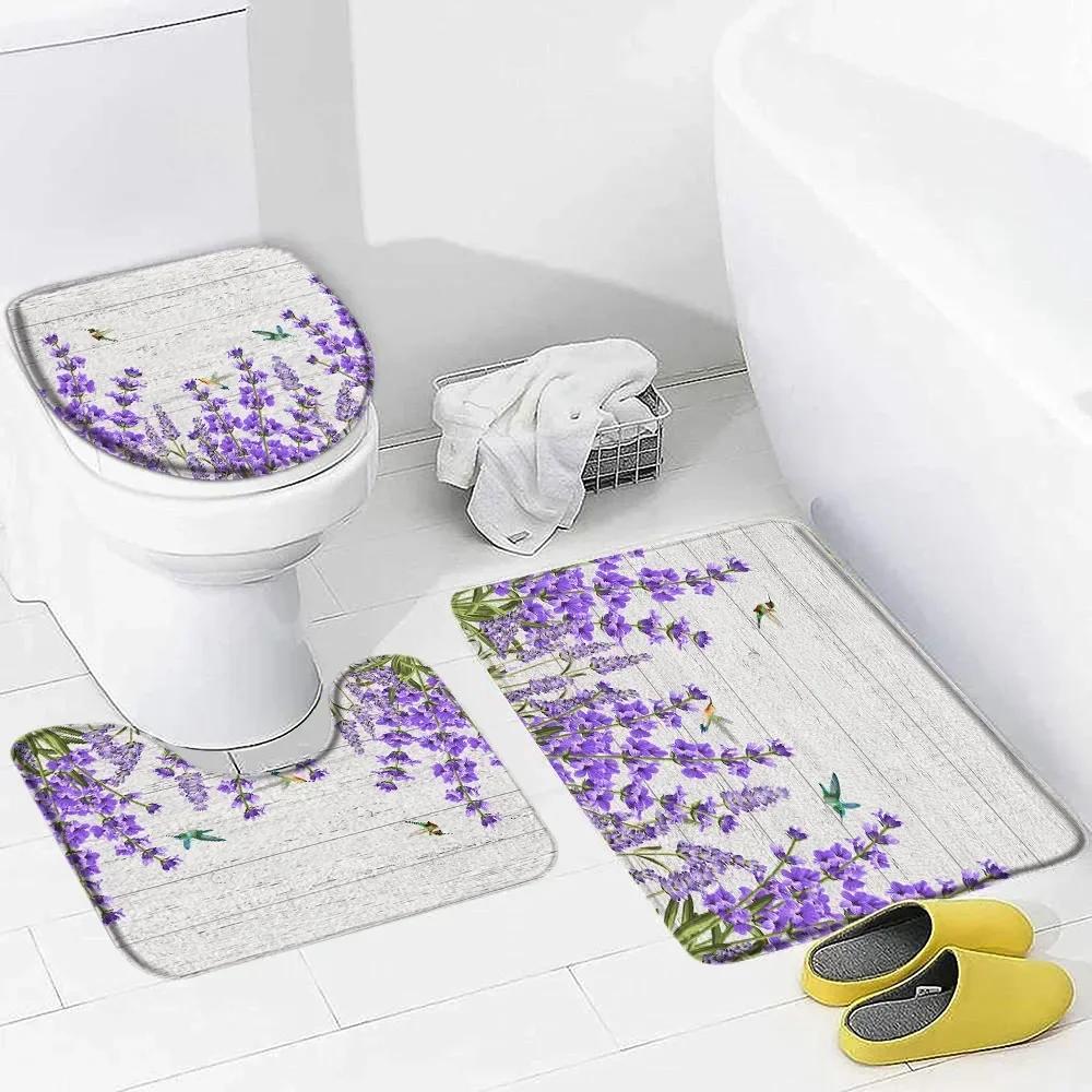 Purple Lavender Bath Mat Set Nature Flowers Plants Butterfly Modern Home Carpet Bathroom Decor Non-Slip Rugs Toilet Lid Cover