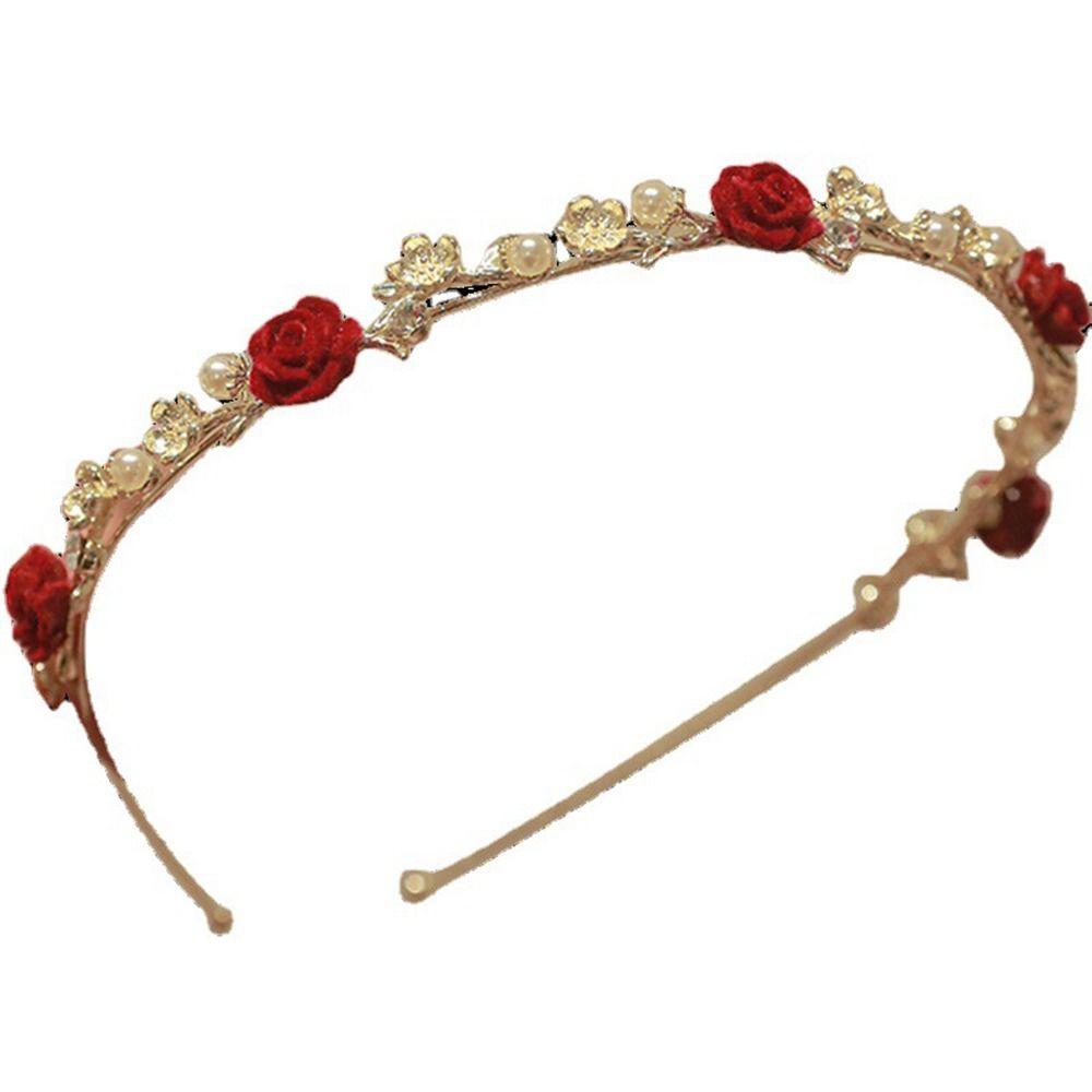 French Red Rhinestone Female Hair Accessories Pearl Hair Hoop Korean Style Headwear Rose Headband