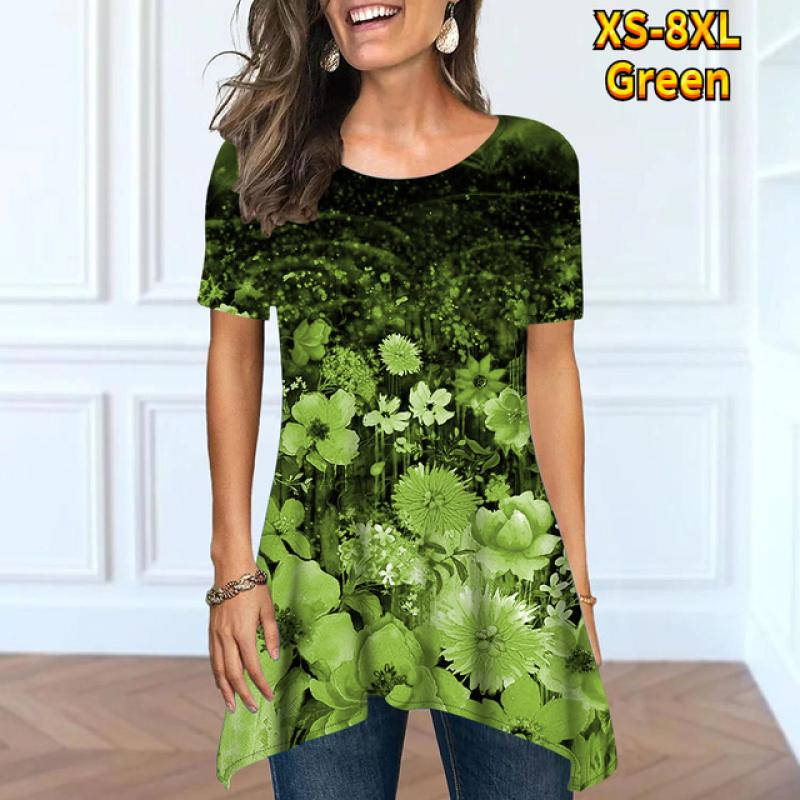 Летняя женская модная и удобная уличная одежда. Базовая повседневная одежда с короткими рукавами и круглым вырезом под открытым свободным топом XS-8XL.