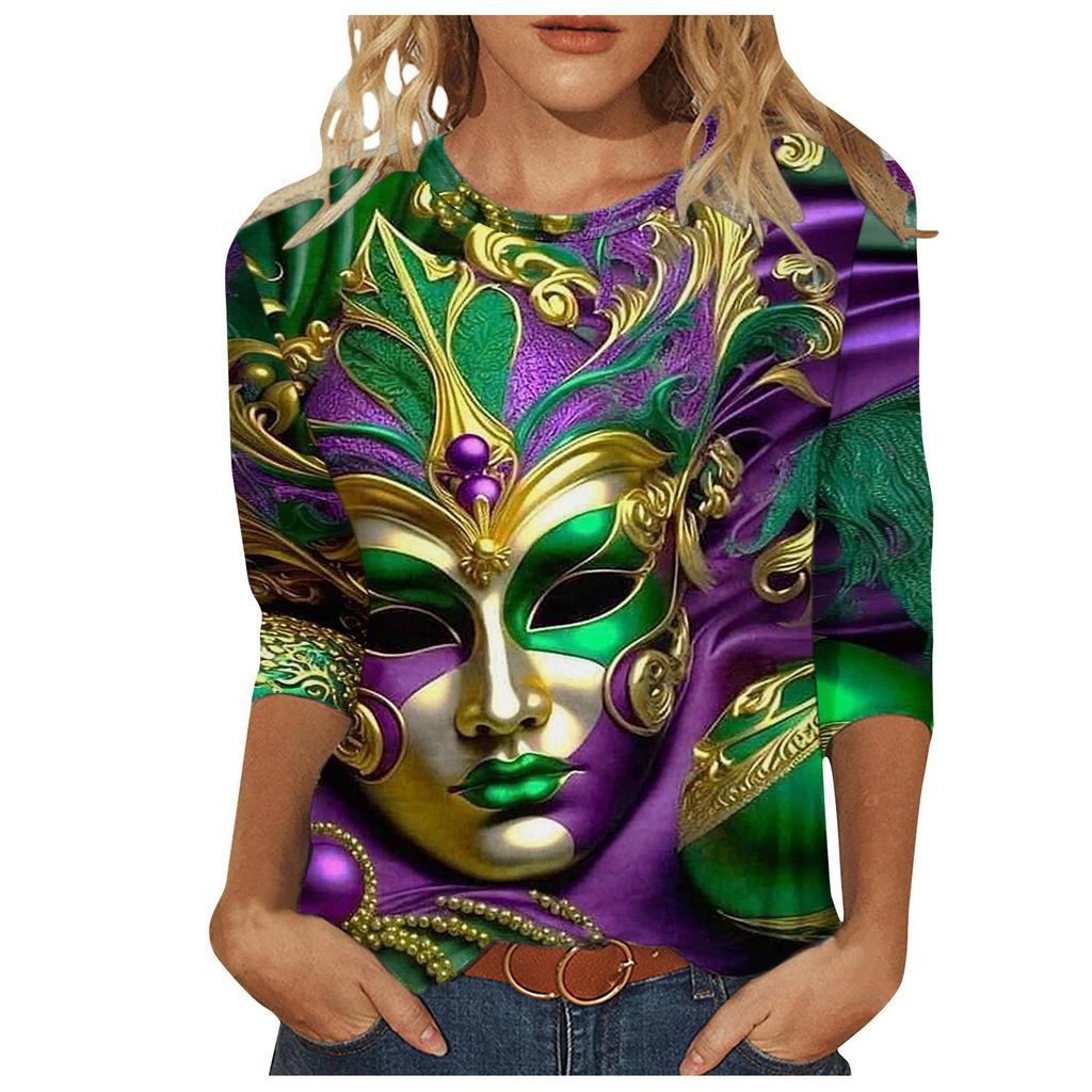 Women's Loose Three Quarter Sleeve 3D Printed T-shirt with Mask Pattern T-shirt
