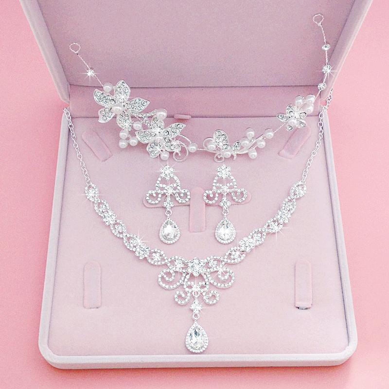 BY4334 Bridal Rhinestones Crown Necklace Earrings Set Wedding Crown Jewelry Set