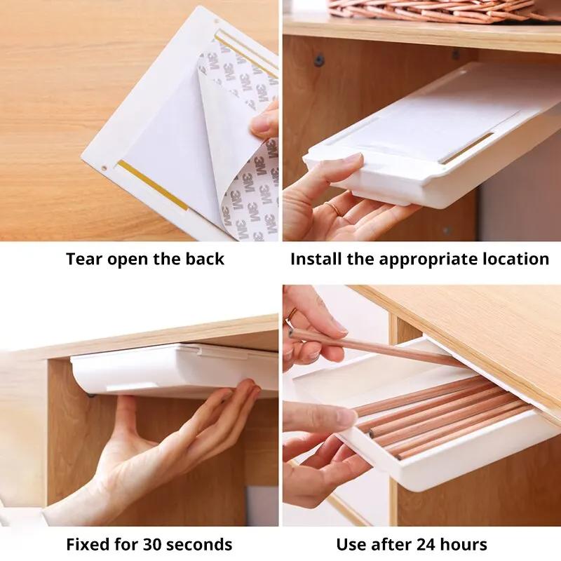 2pc White SelfAdhesive Storage Drawer Box Makeup Pencil Tray Desk Hidden Under Desk Stand Self-adhesive Under-drawer Storage Box