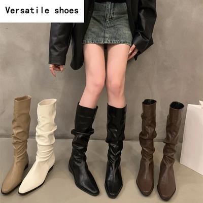 Женские сапоги до колена, модные, слипоны, длинные, с плиссировкой, на квадратном каблуке, осенне-зимняя обувь