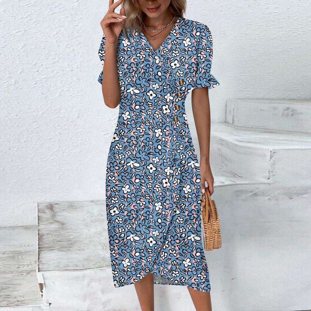 Женское летнее повседневное платье с v-образным вырезом и трапециевидным вырезом в стиле бохо, платье с цветочным принтом и воланами, с запахом и подолом