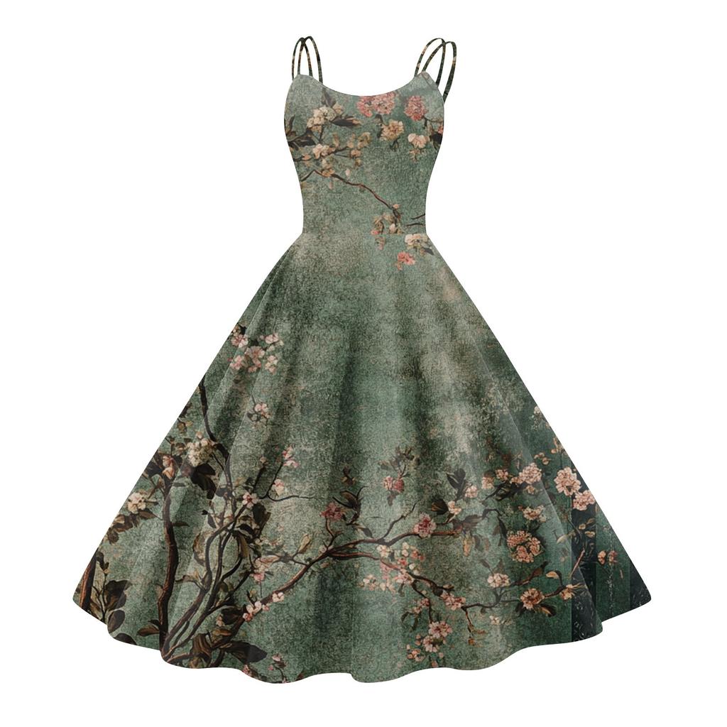 Women's Casual Fashion Flower Print Sexy Off Shoulder Punk Retro Dress Retro Dress Dress