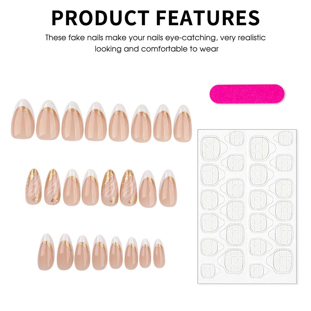 24pcs Women Full Cover Stick on Nails White Tips Almond Artificial Nails for Women Girls Manicure DIY