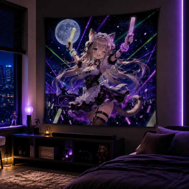 Electronic Music Support Cat Girl Maid Tapestry Cyber Neon Concert Cat Ear Maid Printed Hanging Cloth Anime Room Decor