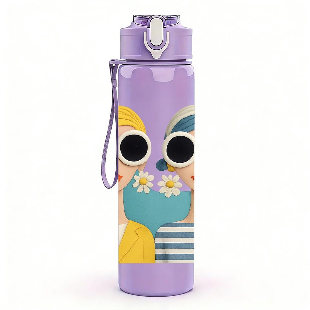 1PC Two Ladies Sunglasses Cartoon Duo 750ml Color Plastic Sports Water Bottle Leakproof Flip Straw Lid For Sports Office Home Use