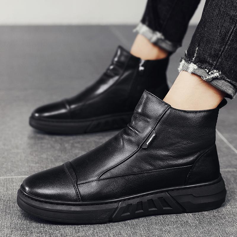 Модные зимние мужские кожаные ботинки для мужчин, теплые плюшевые внутри, высокие кожаные повседневные туфли на платформе, зимние, щиколотки, толстые плюшевые хлопковые туфли