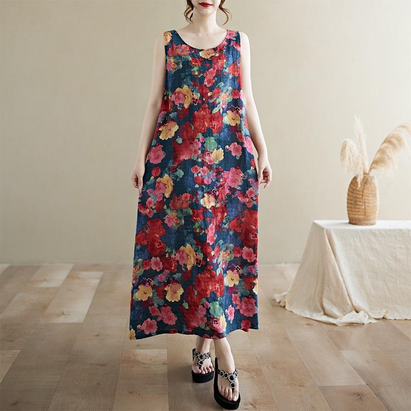 Новое хлопковое винтажное платье с цветочным принтом без рукавов больших размеров для женщин, повседневное свободное длинное летнее платье