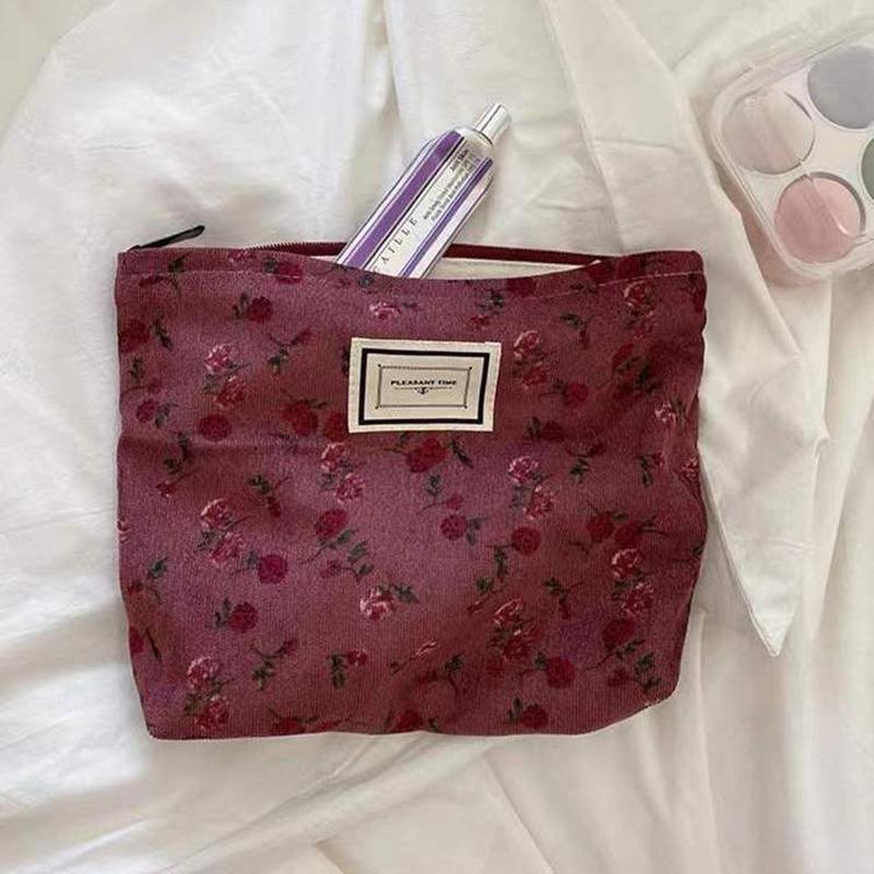 Вельветовая косметичка с цветком, клатч, большая косметичка, сумки-органайзеры, корейская косметичка, женская симпатичная косметичка