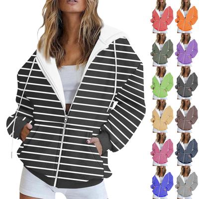 Женская толстовка с длинными рукавами и полосатым принтом, куртка с длинными рукавами и карманами, на молнии, пальто с капюшоном