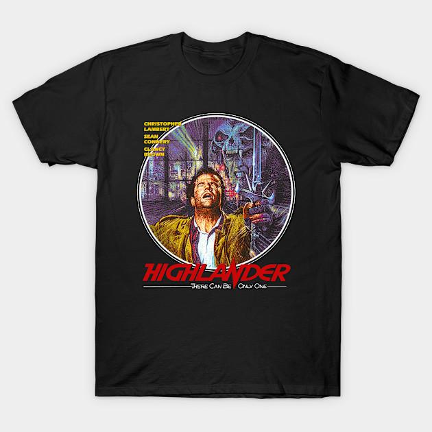 Men Black Print T-shirt Highlander, Christopher Lambert, Cult Classic No-Cut Heat Transfer Print Cotton Tshirt
