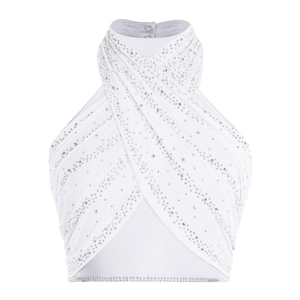 Womens Latin Dance Top Halter Sleeveless Strappy Backless Design Shiny Rhinestones Cross Front Ruched Mesh Crop Top