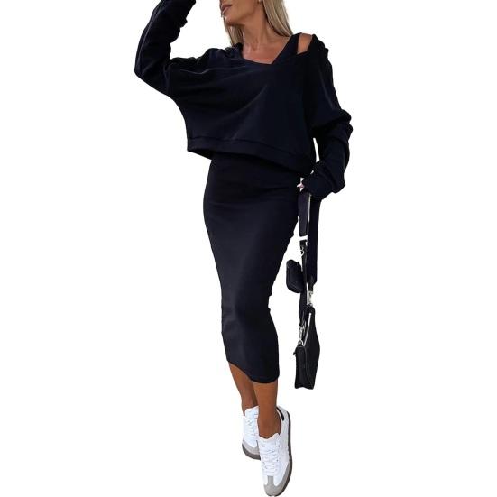 Solid Color Casual Outfit V-neck Sleeveless Bodycon Vest Dress Hooded Long Sleeve Pullover Sweatshirt Set