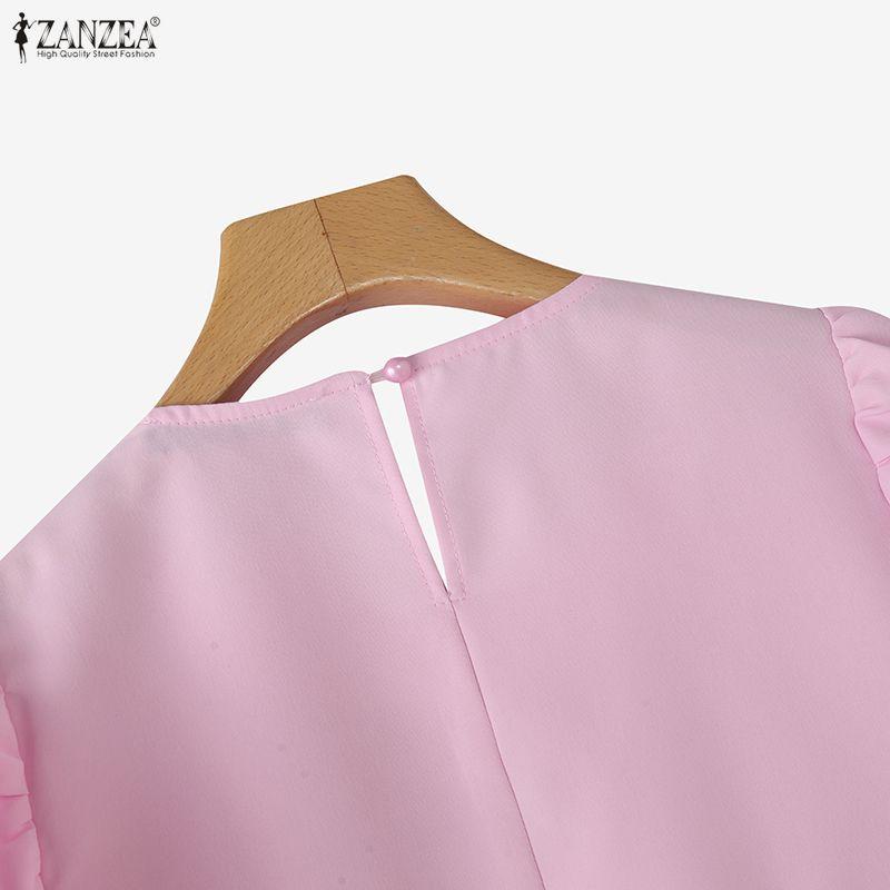 ZANZEA Женская повседневная однотонная свободная блузка с круглым вырезом и коротким рукавом